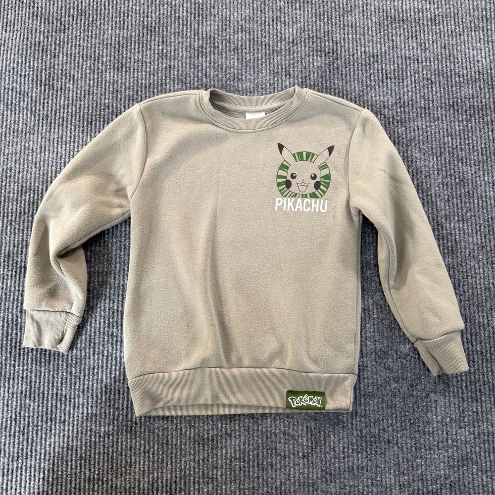 Pokemon Unisex Pikachu Graphic Crewneck Sweatshirt Size S Olive Green Fleece